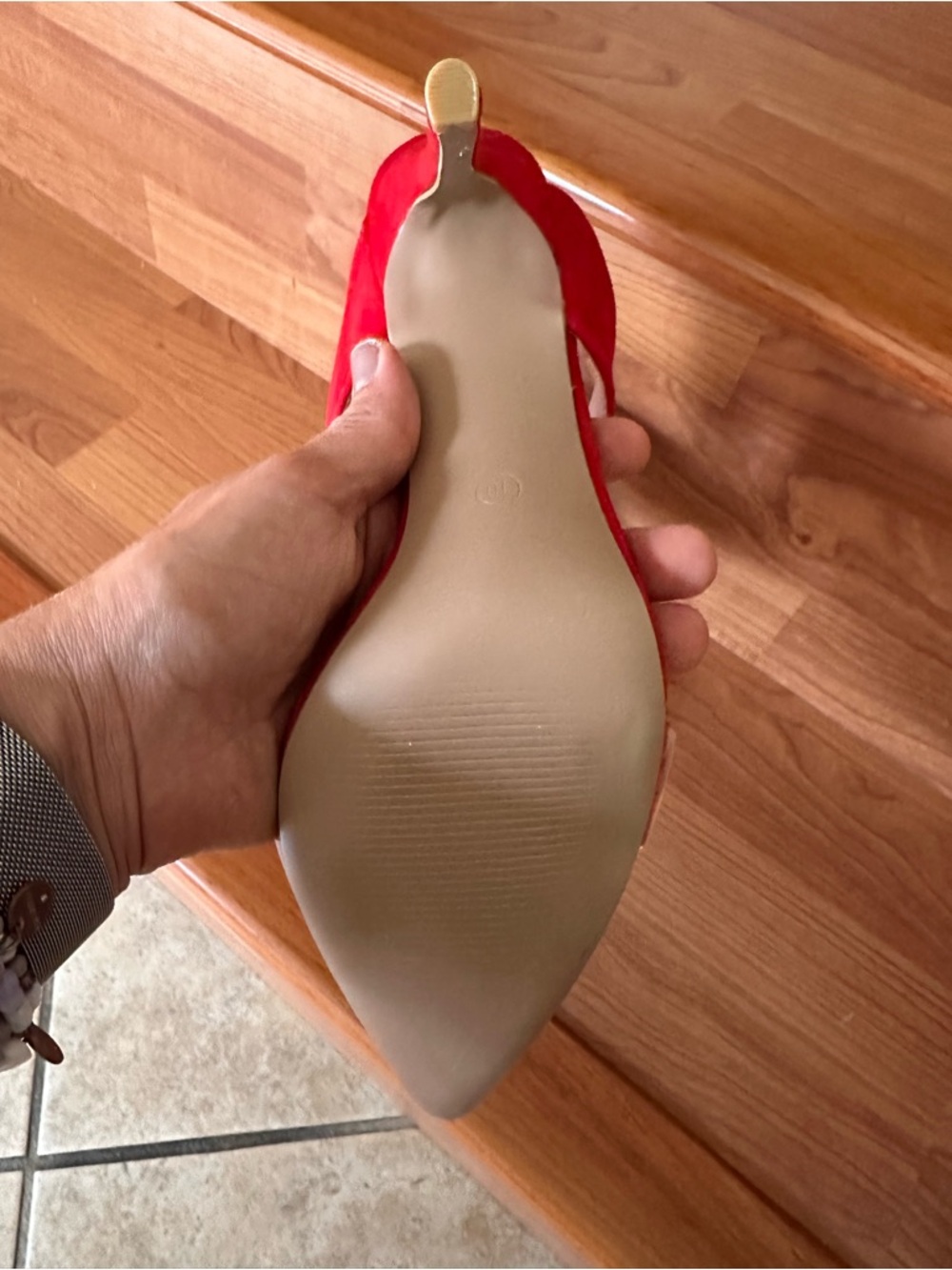 Red Women's Pointed Toe Heels with Clear Strap - Picture 2 of 8